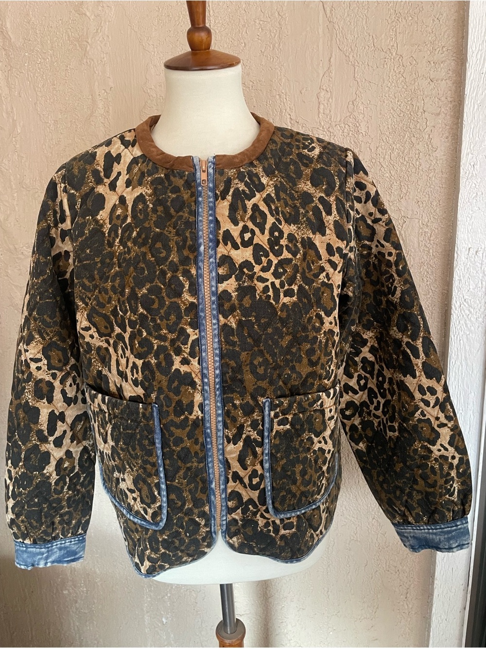 JODIFL  Leopard Print Zip Jacket - Brown/Black with Denim Trim